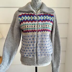 Vintage 80s Ski Sweater Fair Isle Sweater Jacket Faux Shearling Lining